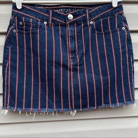 American Eagle Women's Mini Skirt Sz 10R Stretch Hi-Rise Raw Hem Stripe Blue Red - Picture 2 of 14